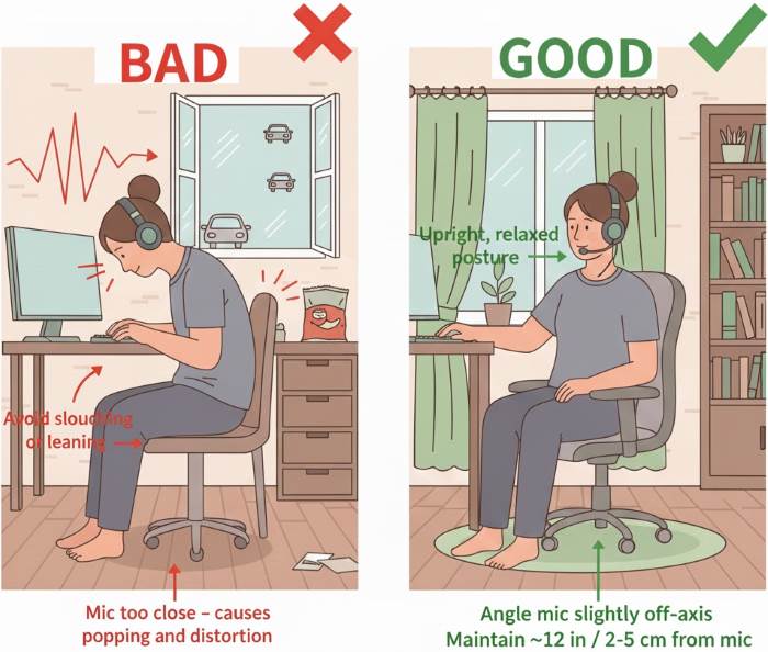 Diagram illustrating good and bad posture for high-quality audio recording